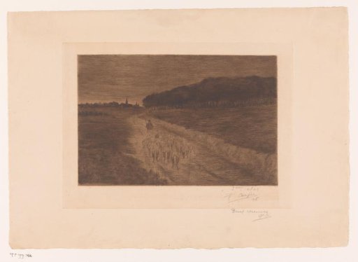 Flock of Sheep with Shepherd on a Heath Road