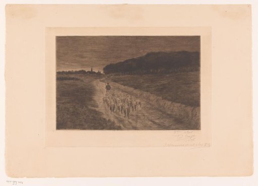Flock of Sheep with Shepherd on a Heath Road