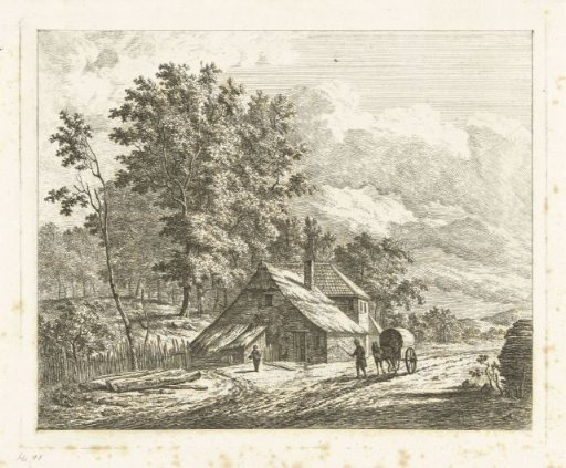 Landscape with farm and horse and cart on country road