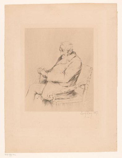 Old man with a walking stick in a chair