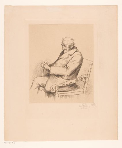 Old man with a walking stick in a chair
