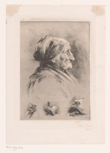 Portrait of an unknown old woman, below three portrait studies