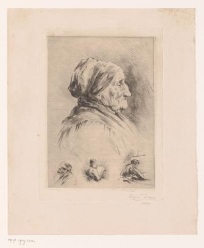 Portrait of an unknown old woman, below three smaller portrait studies