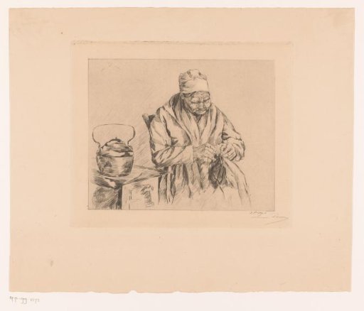 Old woman knitting by the stove