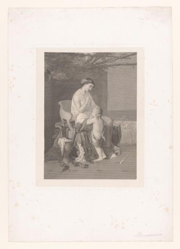 Mother and child in Greek dress on a veranda by the sea