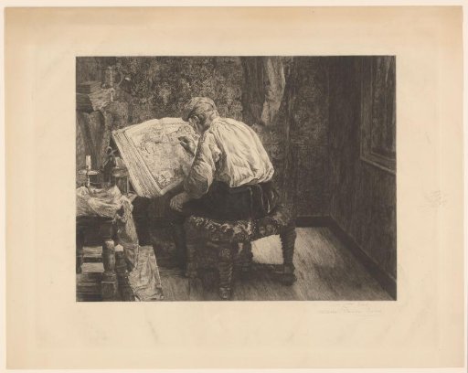 Interior with a man studying a book with a map