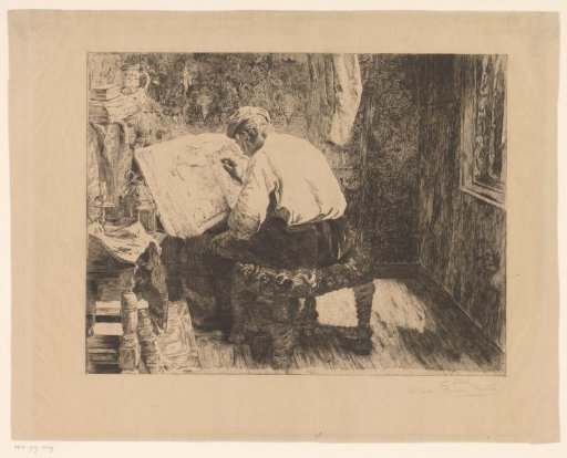 Interior with a man studying a book with a map