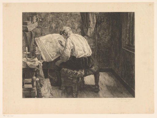 Interior with a man studying a book with a map