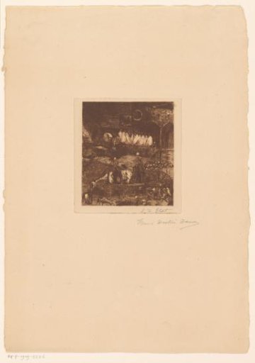 Skeletons on a boat and a horse with a cart full of skulls