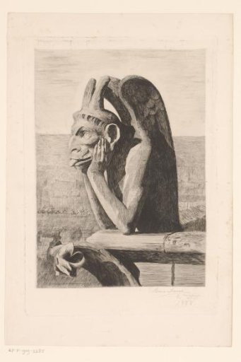 Gargoyle of Notre-Dame in Paris with wings and protruding tongue
