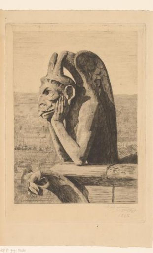 Gargoyle of Notre-Dame in Paris with wings and protruding tongue