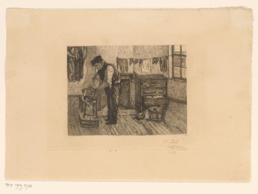 Interior with a man washing clothes in a tub