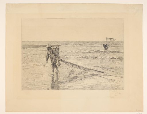 Shellfish fishermen with nets in the surf
