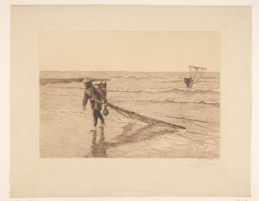 Shellfish fishermen with nets in the surf