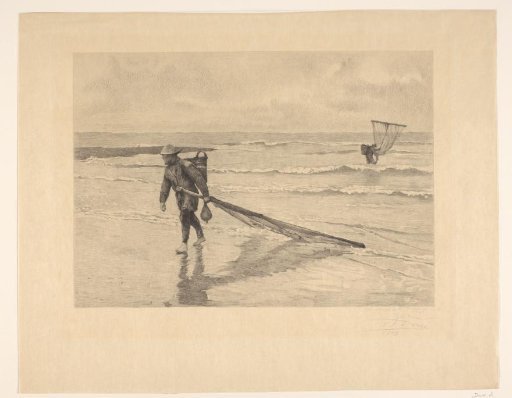 Shellfish fishermen with nets in the surf