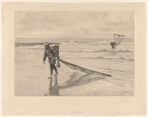 Shellfish fishermen with nets in the surf