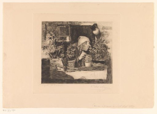Old man with nightcap smelling the flowers on his windowsill