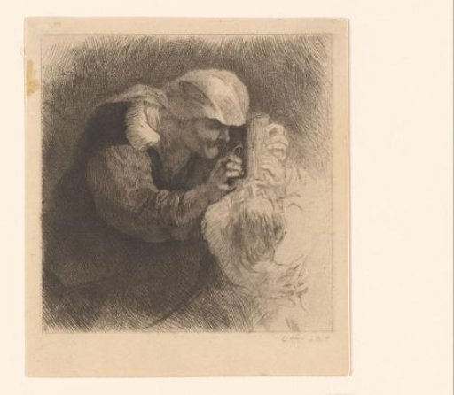 Old woman feeding a child with a bottle
