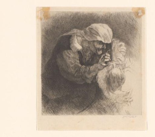 Old woman feeding a child with a bottle