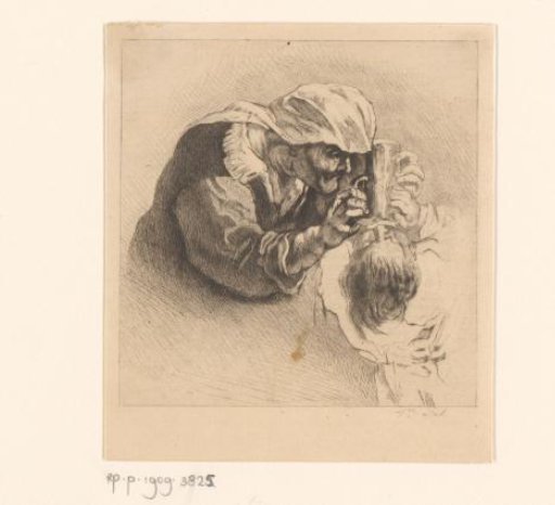 Old woman feeding a child with a bottle