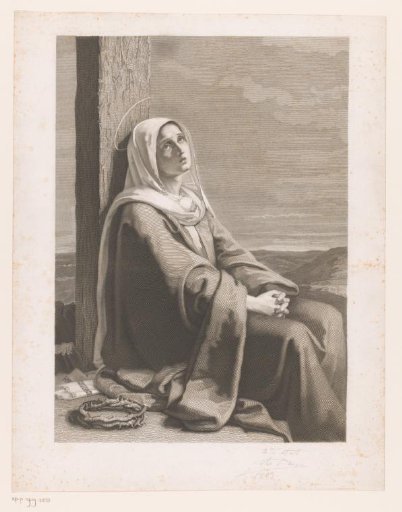 Mary at the foot of the cross with the crown of thorns beside her