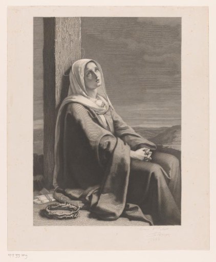 Mary at the foot of the cross with the crown of thorns beside her