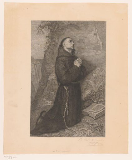 Praying Francis of Assisi with an open Bible and crucifix
