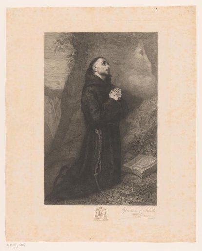 Praying Francis of Assisi with an open Bible and crucifix