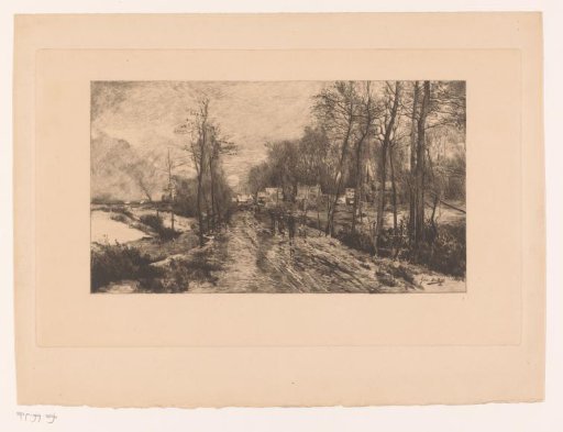 Nocturnal snow landscape with shadowy figures on the path