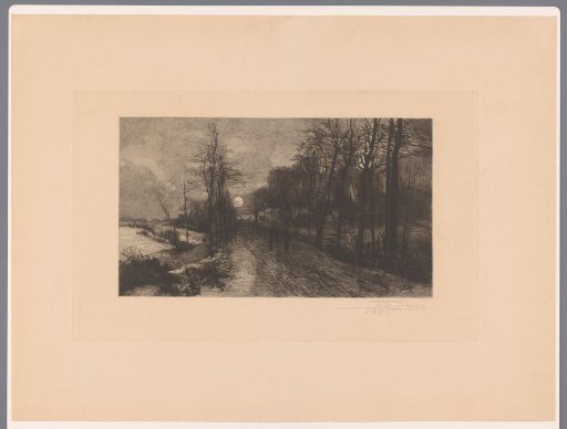 Nocturnal winter landscape with shadowy figures on the path