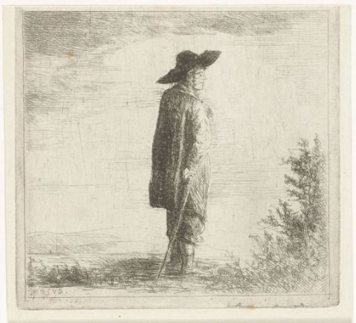 Man with hat and staff in landscape