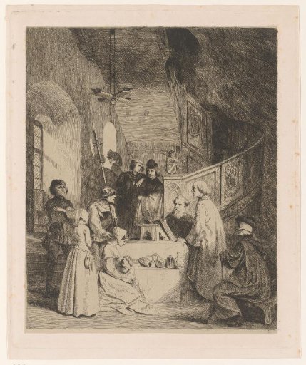 Figures Before a Judge with a Staircase in the Background