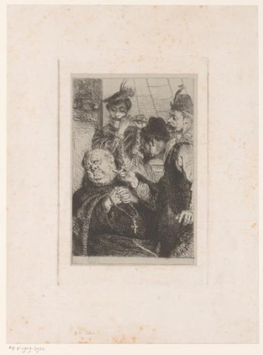 Three Men Standing on a Ship Around a Monk with a Rosary in His Hands
