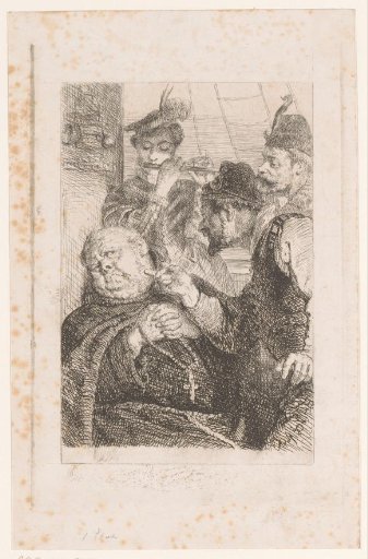Three Men Standing on a Ship Around a Monk with a Rosary in His Hands