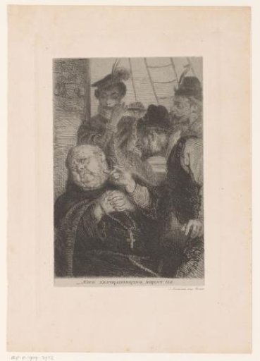 Three Men Standing on a Ship Around a Monk with a Rosary in His Hands