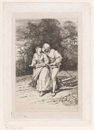 Young Man and Woman Plowing the Ground Together While the Man Kisses the Woman