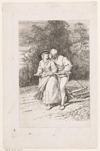 Young Man and Woman Plowing the Ground Together While the Man Kisses the Woman