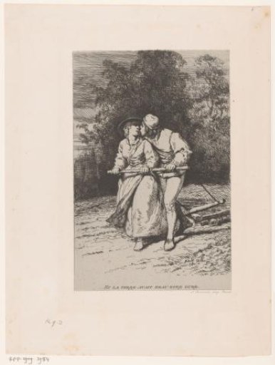Young Man and Woman Plowing the Ground Together While the Man Kisses the Woman