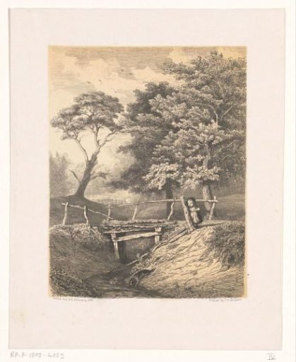 Girl with dog by wooden bridge