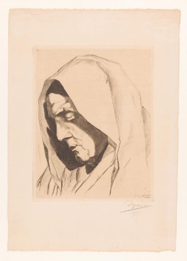 Old woman with a hood looking down