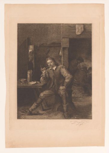 Inn with a man smoking a pipe, a woman in the doorway and men playing cards