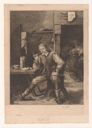 Inn with a man smoking a pipe, a woman in the doorway and men playing cards