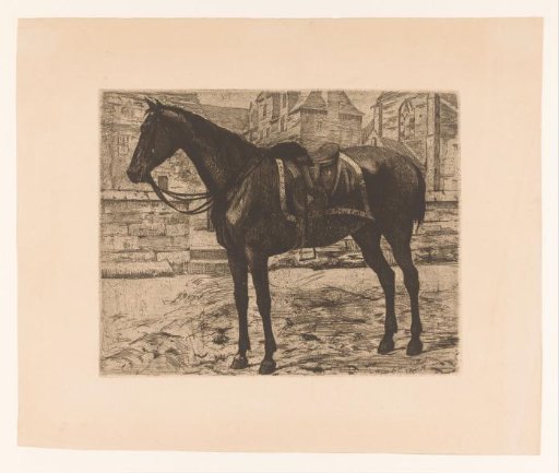 Saddled Horse with Buildings in the Background