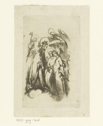 Two Angels Leading a Woman to Mary in Heaven