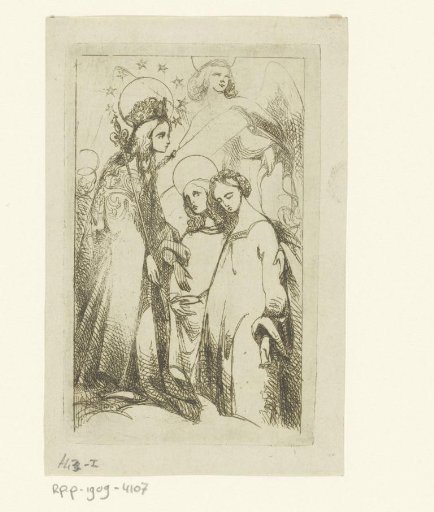 Two angels lead a woman before Mary in heaven