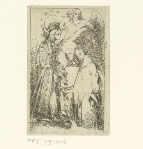 Two angels lead a woman before Mary in heaven