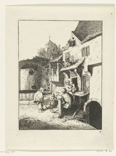 Hunchbacked violinist in front of an inn