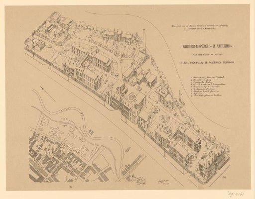 Bird's-eye view and plan of the hospital in Groningen