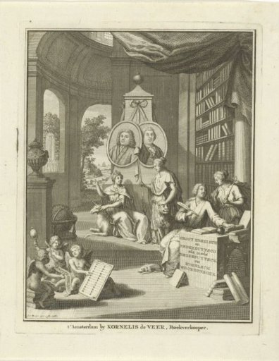 Interior of a library with the portraits of Willem Sewel and Egbert Buys on a monument