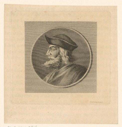 Head in profile of a man with beard and headgear